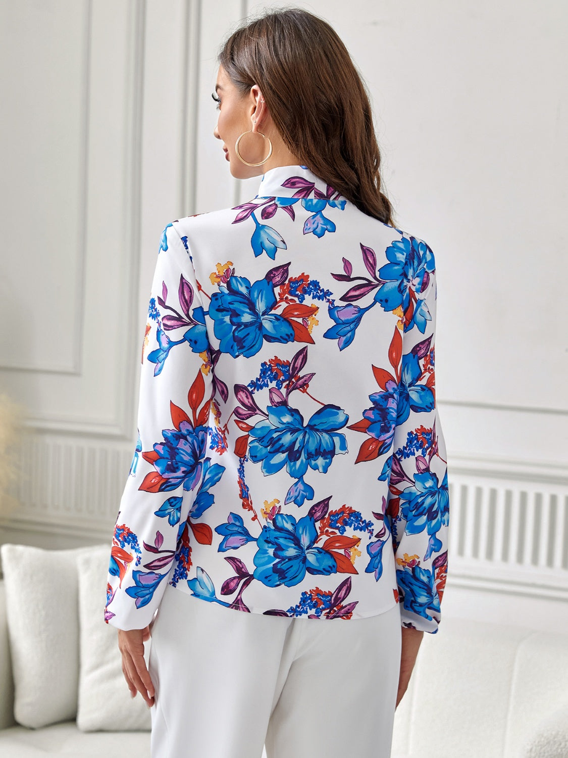 Floral Tie Neck Long Sleeve Blouse - Pahabu - Women's Clothing & Shop