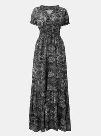 Full Size Smocked Printed V-Neck Short Sleeve Dress - Pahabu - Women's Clothing & Shop