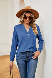 Buttoned Notched Neck Long Sleeve Top - Pahabu - Women's Clothing & Shop