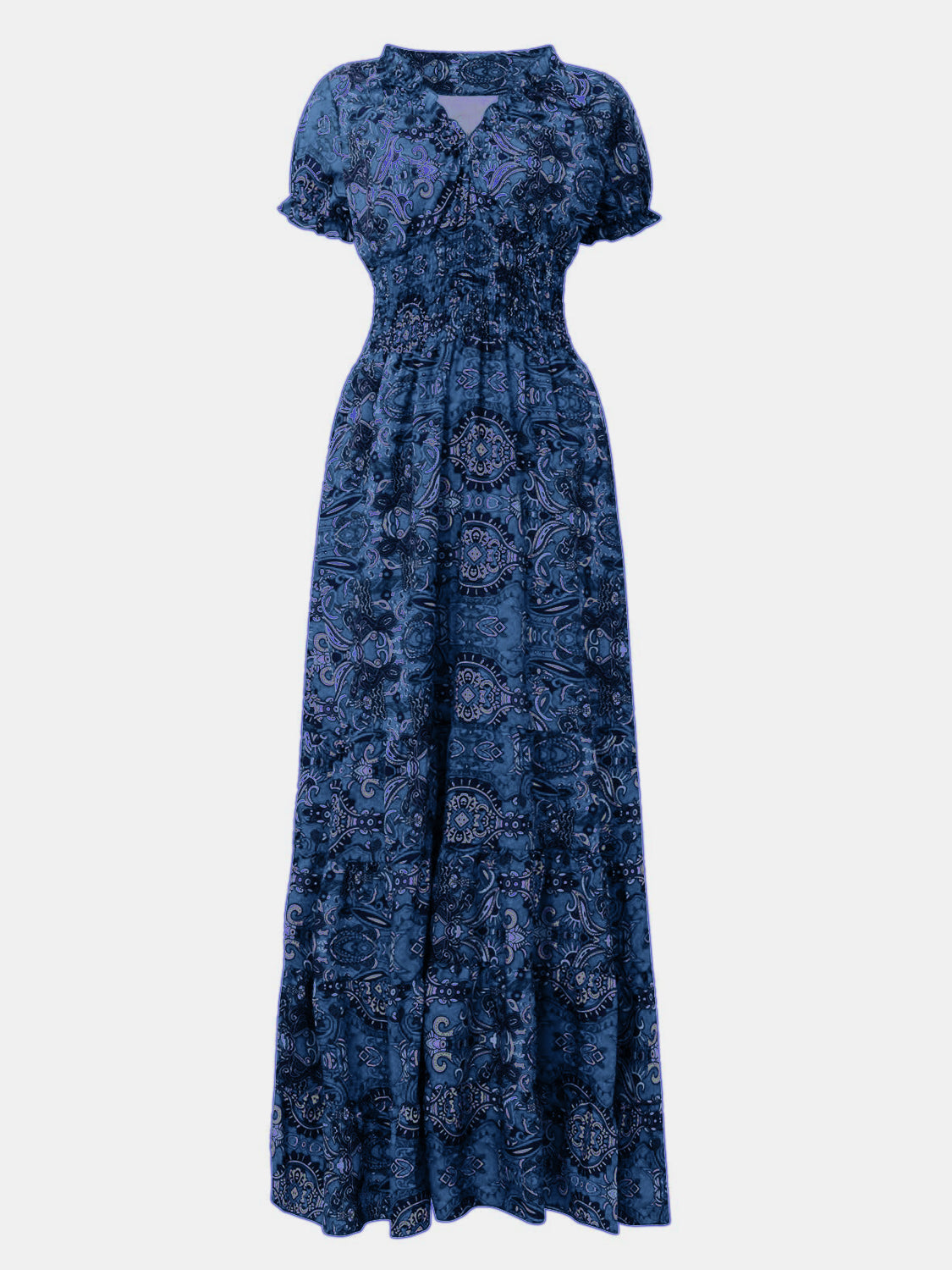 Full Size Smocked Printed V-Neck Short Sleeve Dress - Pahabu - Women's Clothing & Shop