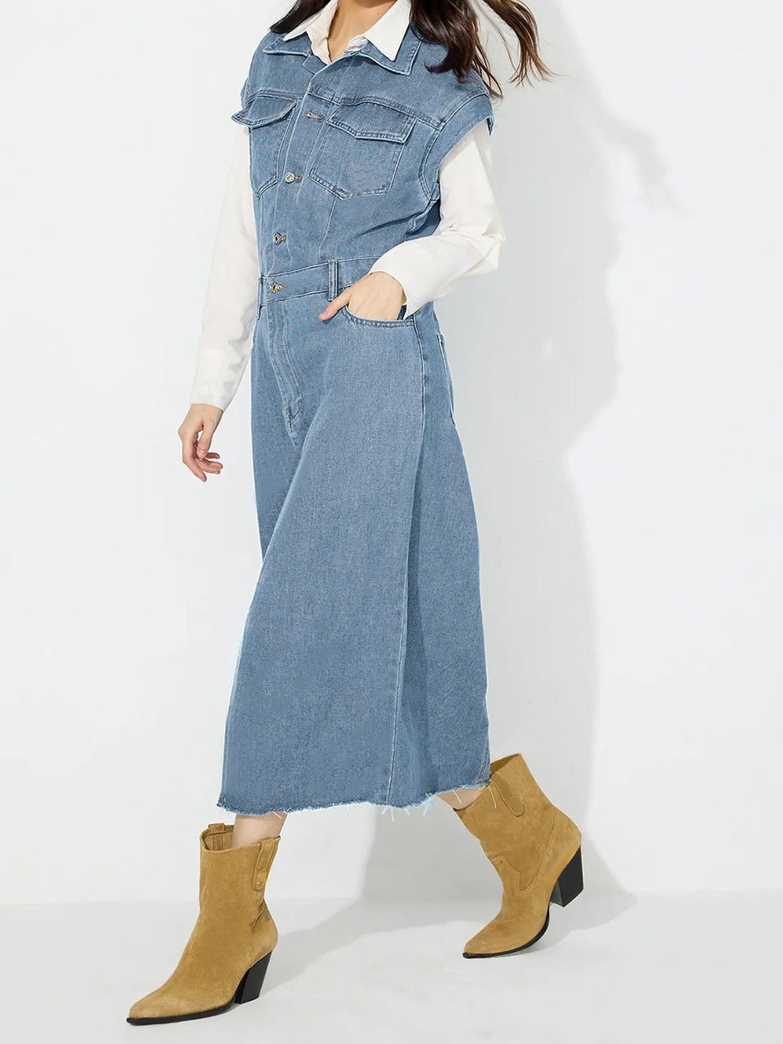 Slit Half Button Collared Neck Cap Sleeve Denim Dress - Pahabu - Women's Clothing & Shop