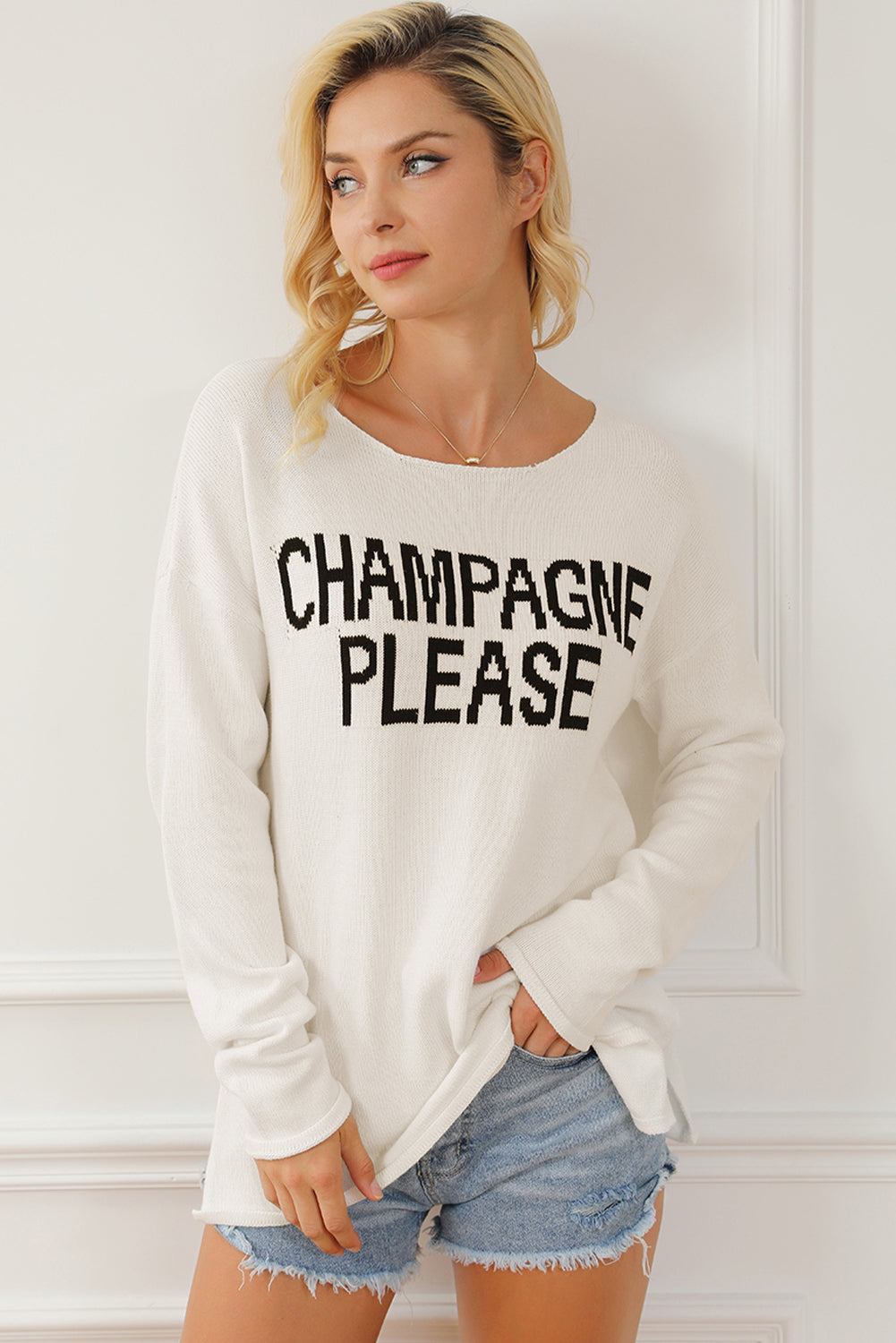 CHAMPAGNE PLEASE Long Sleeve Slit Sweater - Pahabu - Women's Clothing & Shop