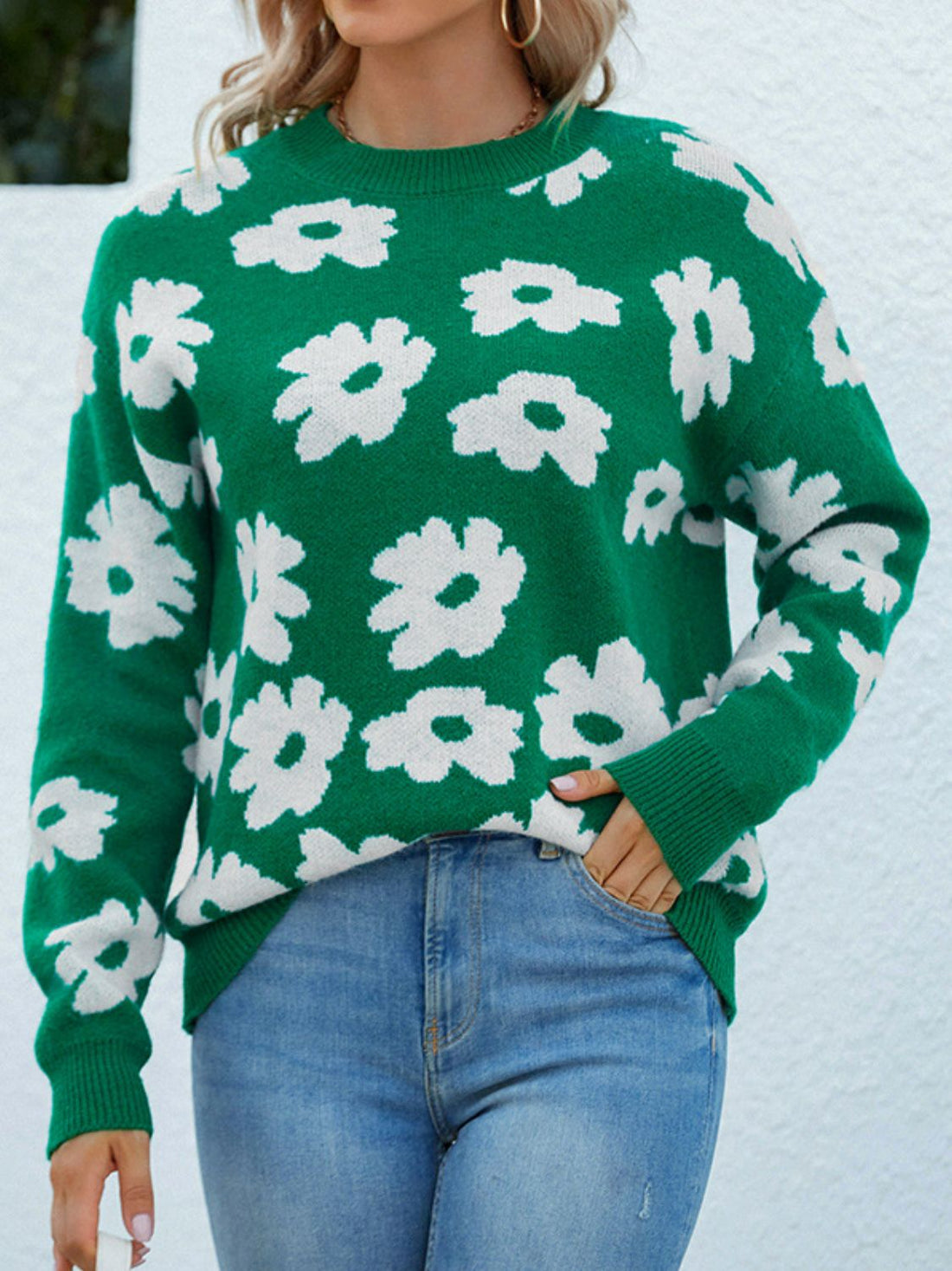 Floral Round Neck Sweater - Pahabu - Women's Clothing & Shop