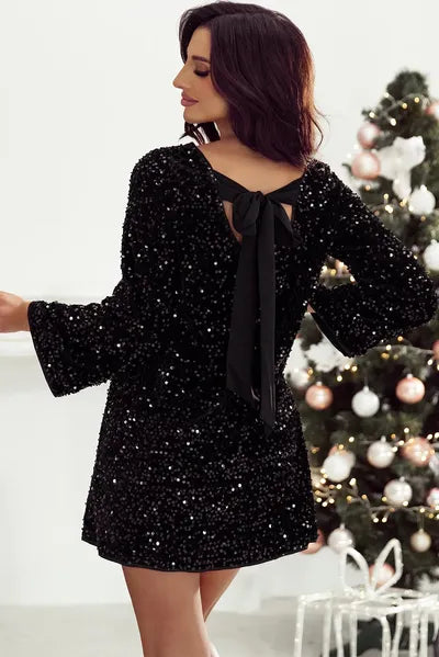 Sequin Round Neck Long Sleeve Mini Dress - Pahabu - Women's Clothing & Shop