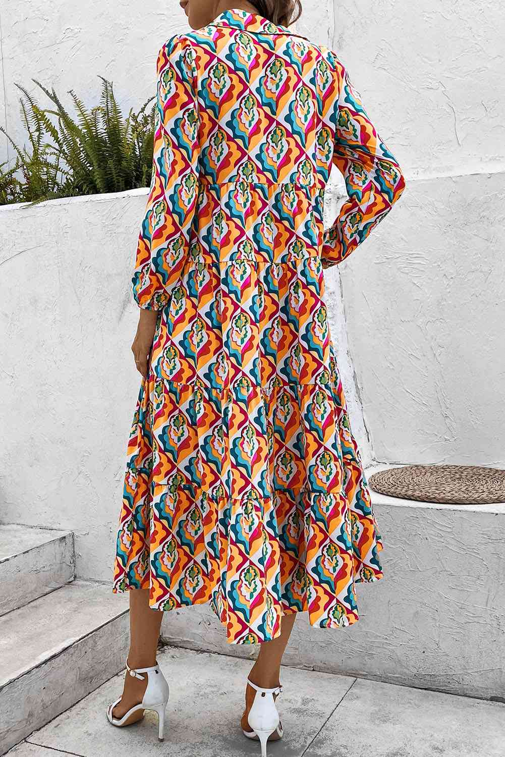 Printed Collared Neck Long Sleeve Dress - Pahabu - Women's Clothing & Shop