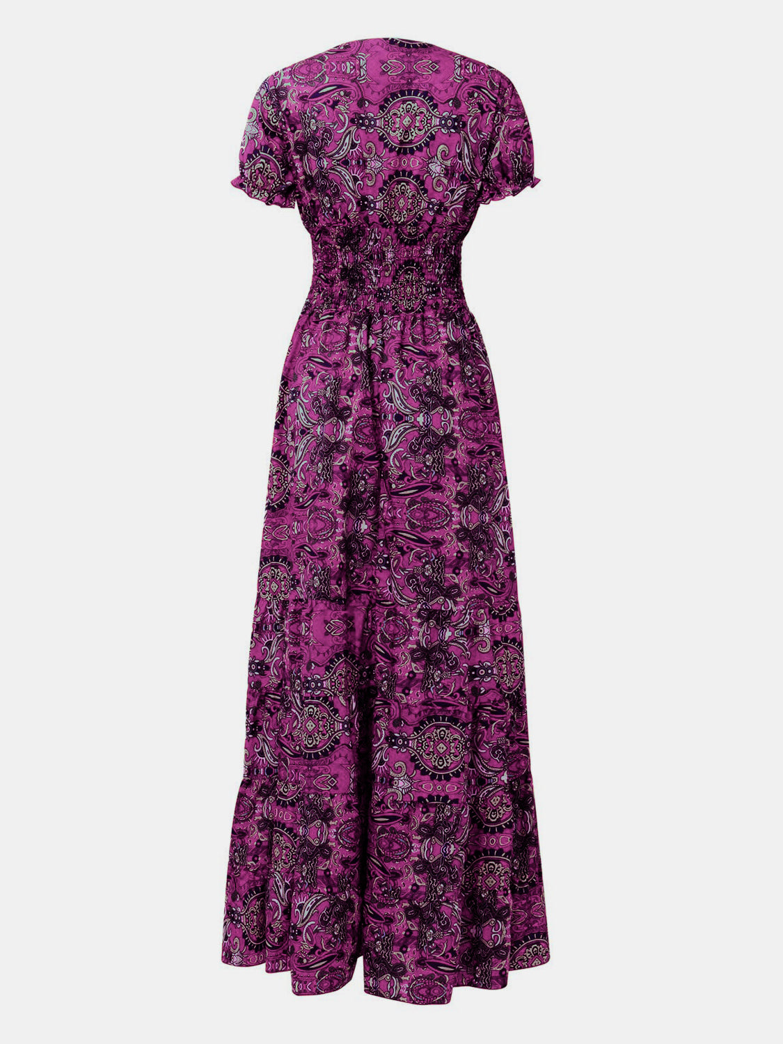 Full Size Smocked Printed V-Neck Short Sleeve Dress - Pahabu - Women's Clothing & Shop