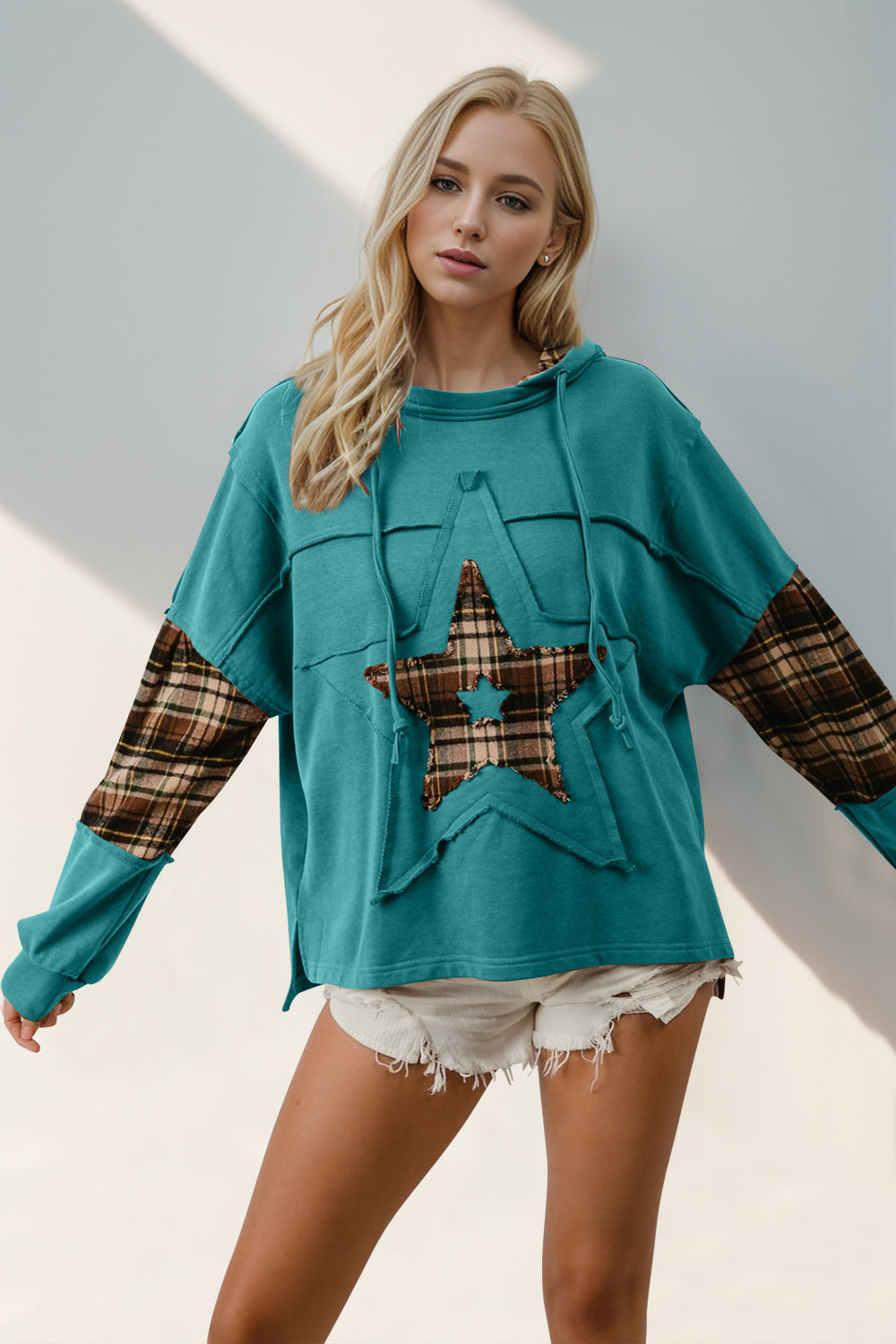 Double Take Drawstring Plaid Star Patch Long Sleeve Hoodie - Pahabu - Women's Clothing & Shop
