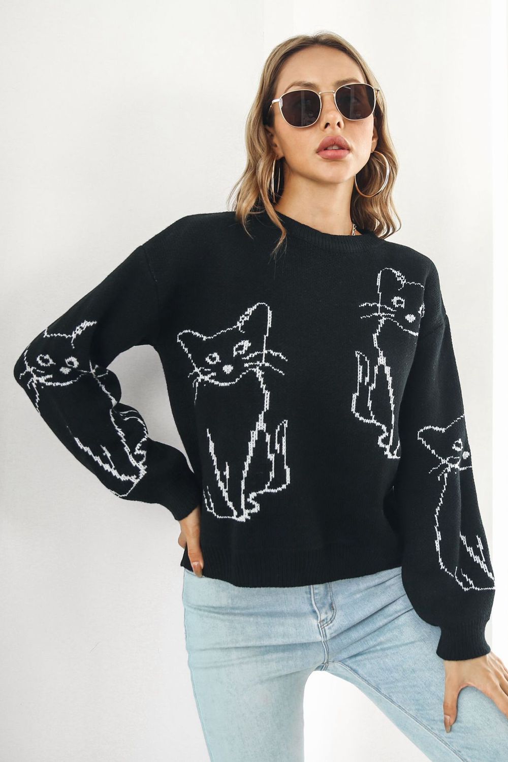Cat Pattern Round Neck Long Sleeve Pullover Sweater - Pahabu - Women's Clothing & Shop