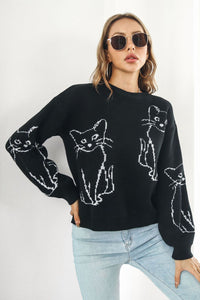 Cat Pattern Round Neck Long Sleeve Pullover Sweater - Pahabu - Women's Clothing & Shop