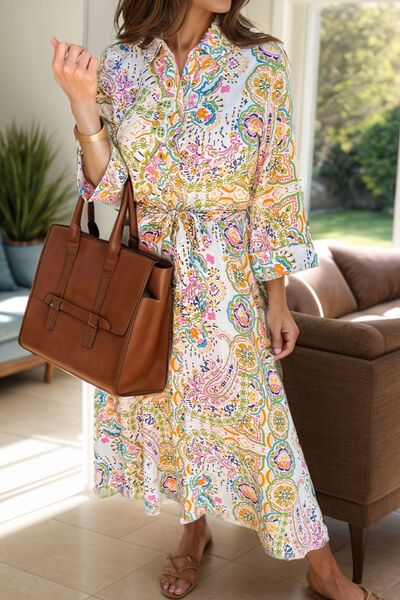 Tied Printed Long Sleeve Midi Dress - Pahabu - Women's Clothing & Shop