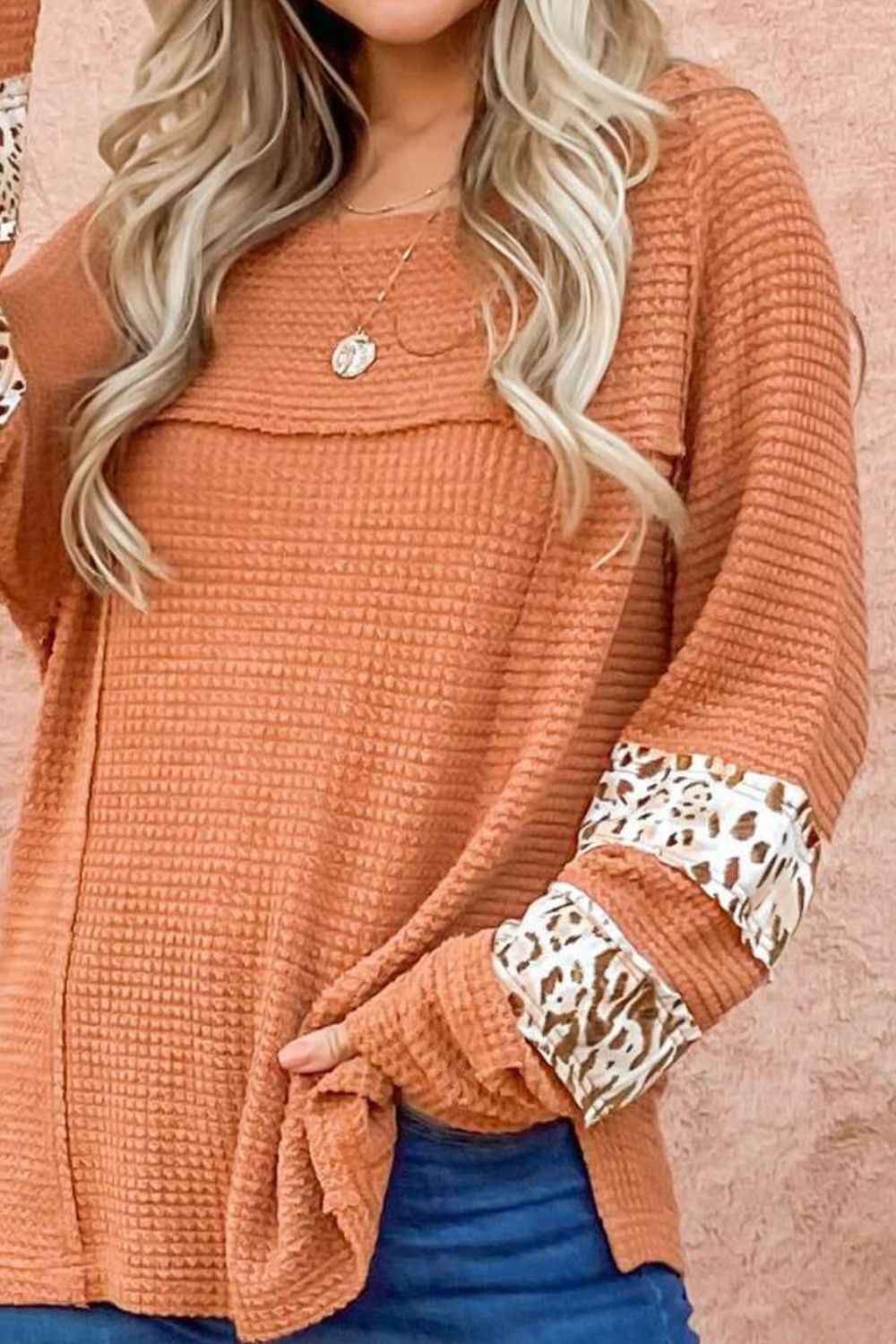 Waffle-Knit Leopard Long Sleeve Slit Blouse - Pahabu - Women's Clothing & Shop