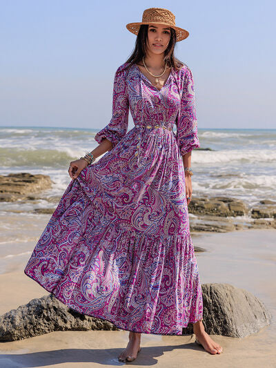 Printed Tie Neck Balloon Sleeve Maxi Dress - Pahabu - Women's Clothing & Shop