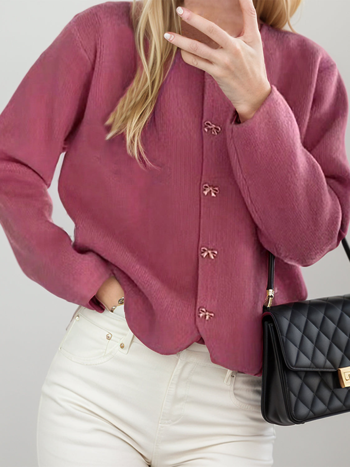 Bow Button Down Round Neck Long Sleeve Cardigan - Pahabu - Women's Clothing & Shop
