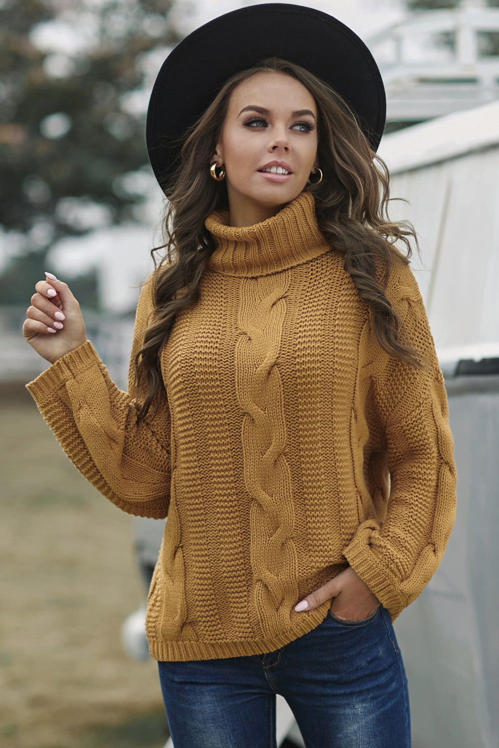 Cable-Knit Turtleneck Dropped Shoulder Sweater - Pahabu - Women's Clothing & Shop