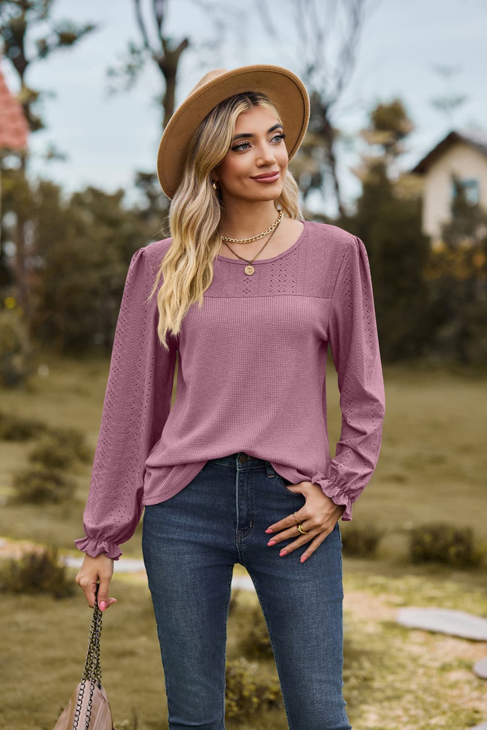 Round Neck Puff Sleeve Blouse - Pahabu - Women's Clothing & Shop