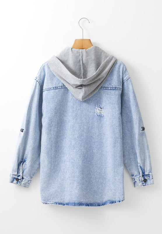 Distressed Button Up Hooded Denim Jacket with Pockets - Pahabu - Women's Clothing & Shop