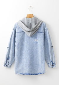 Distressed Button Up Hooded Denim Jacket with Pockets - Pahabu - Women's Clothing & Shop