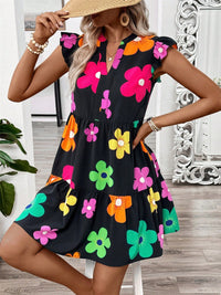 Ruffled Printed Notched Cap Sleeve Dress - Pahabu - Women's Clothing & Shop