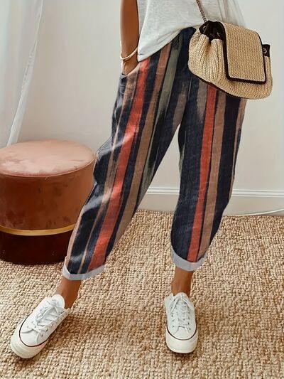 Striped Pocketed Elastic Waist Pants - Pahabu - Women's Clothing & Shop