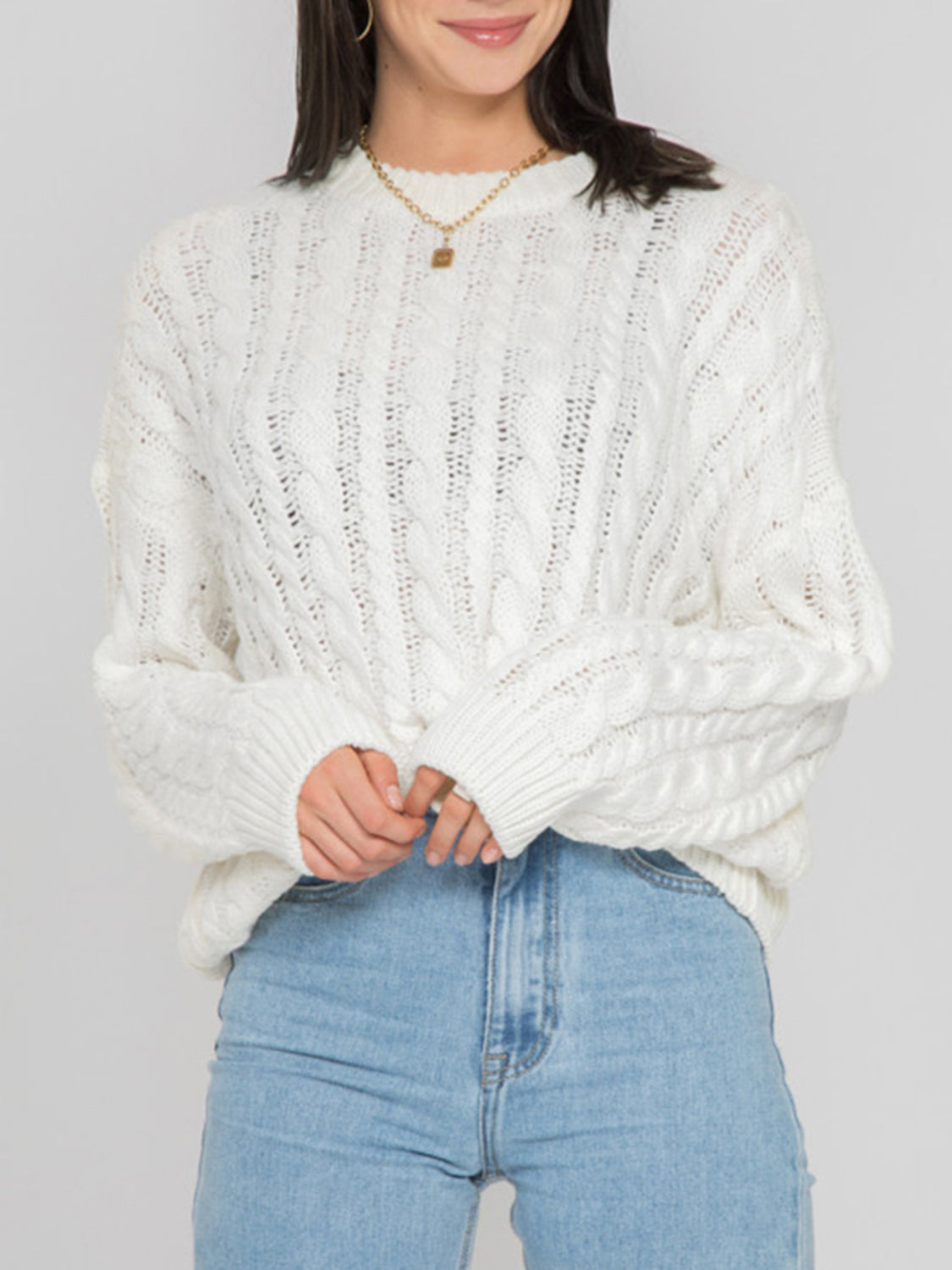 Openwork Round Sleeve Cable-Knit Sweater - Pahabu - Women's Clothing & Shop