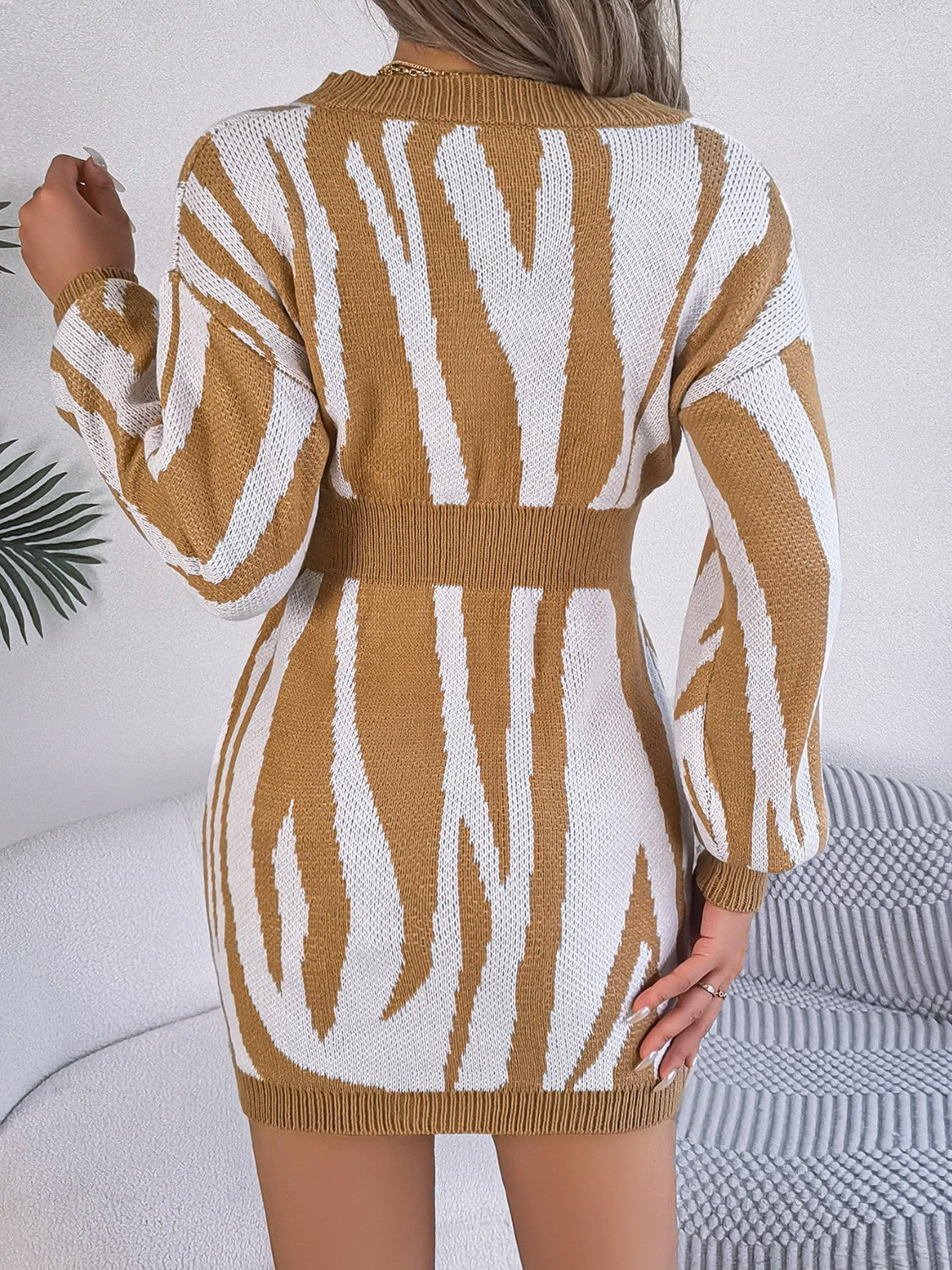 Animal Print V-Neck Long Sleeve Sweater Dress - Pahabu - Women's Clothing & Shop