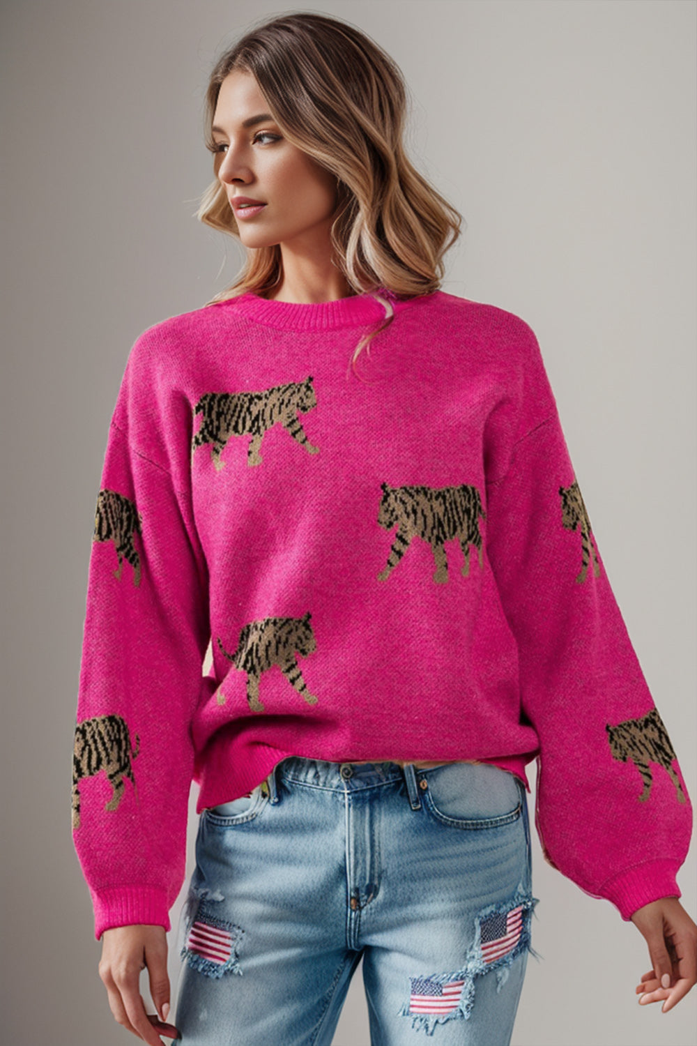 Tiger Pattern Round Neck Drop Shoulder Sweater - Pahabu - Women's Clothing & Shop