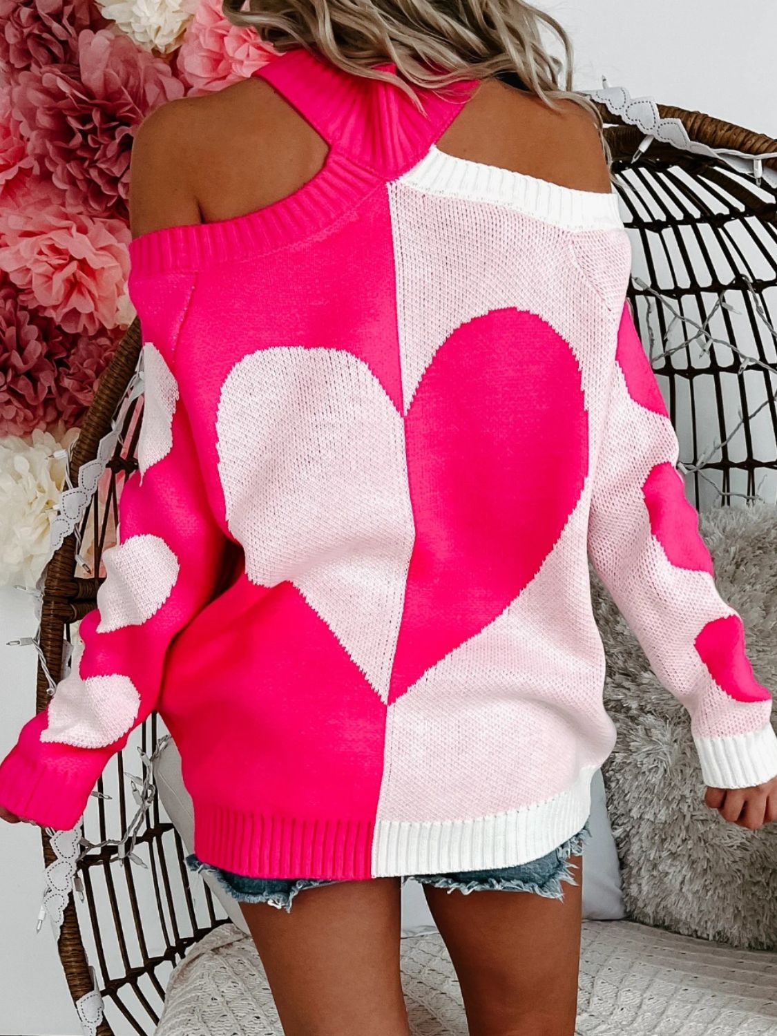 Valentine's Day Heart Turtleneck Cold Shoulder Sweater - Pahabu - Women's Clothing & Shop