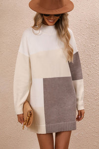 Color Block Mock Neck Dropped Shoulder Sweater Dress - Pahabu - Women's Clothing & Shop