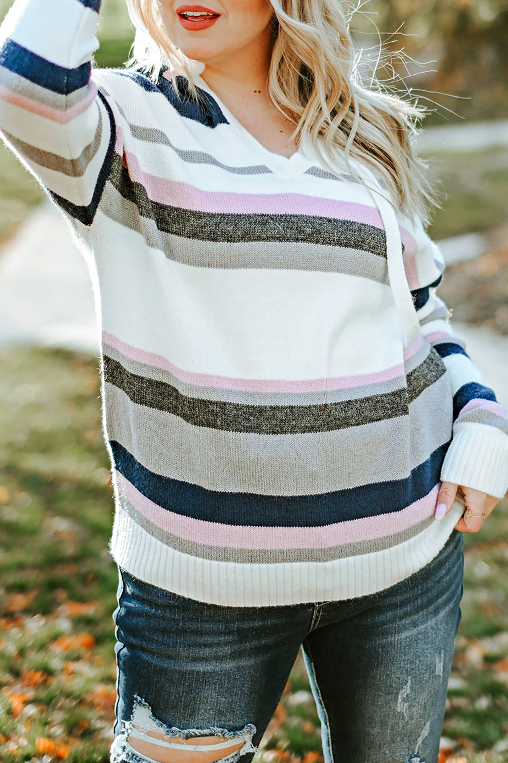 Plus Size Striped Long Sleeve Hooded Sweater - Pahabu - Women's Clothing & Shop