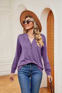 Buttoned Notched Neck Long Sleeve Top - Pahabu - Women's Clothing & Shop