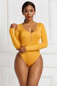 Half Zip Scoop Neck Long Sleeve Bodysuit - Pahabu - Women's Clothing & Shop