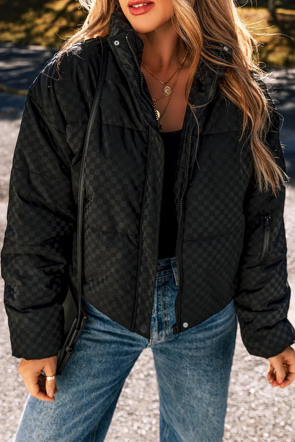 Checkered Turtleneck Zip Up Long Sleeve Winter Coat - Pahabu - Women's Clothing & Shop