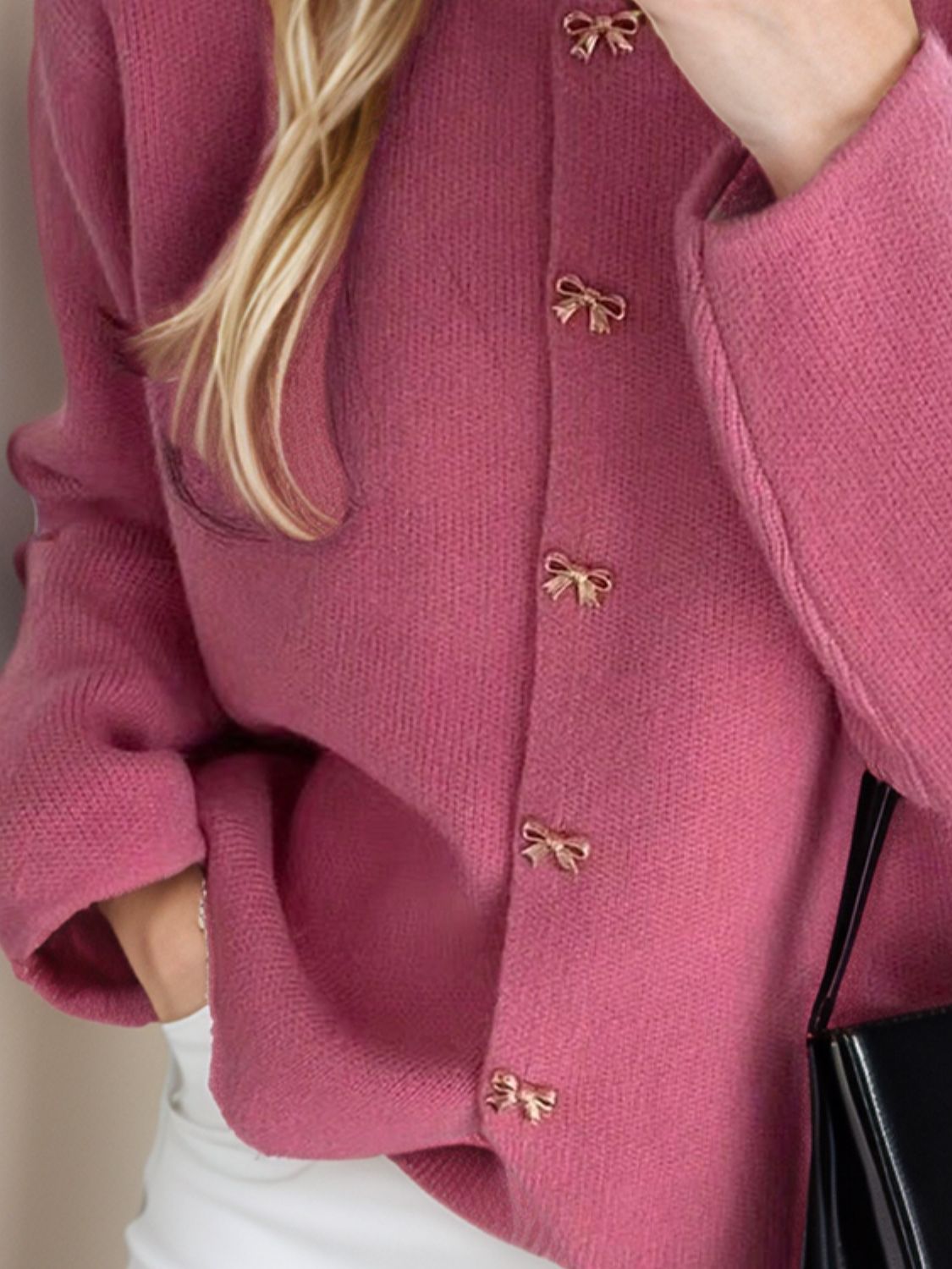 Bow Button Down Round Neck Long Sleeve Cardigan - Pahabu - Women's Clothing & Shop