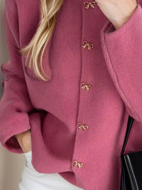 Bow Button Down Round Neck Long Sleeve Cardigan - Pahabu - Women's Clothing & Shop