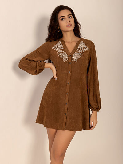 Notched Button Down Long Sleeve Mini Dress - Pahabu - Women's Clothing & Shop