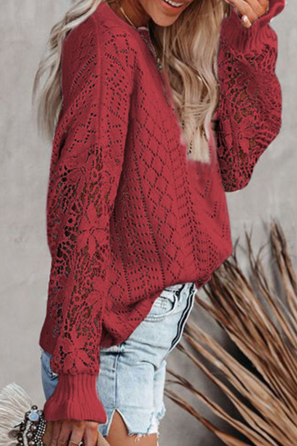 Openwork Round Neck Long Sleeve Sweater - Pahabu - Women's Clothing & Shop