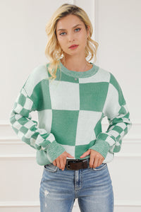 Checkered Drop Shoulder Long Sleeve Sweater - Pahabu - Women's Clothing & Shop