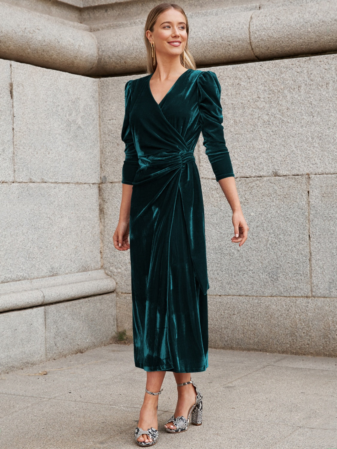 Surplice Puff Sleeve Midi Dress - Pahabu - Women's Clothing & Shop