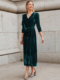 Surplice Puff Sleeve Midi Dress - Pahabu - Women's Clothing & Shop