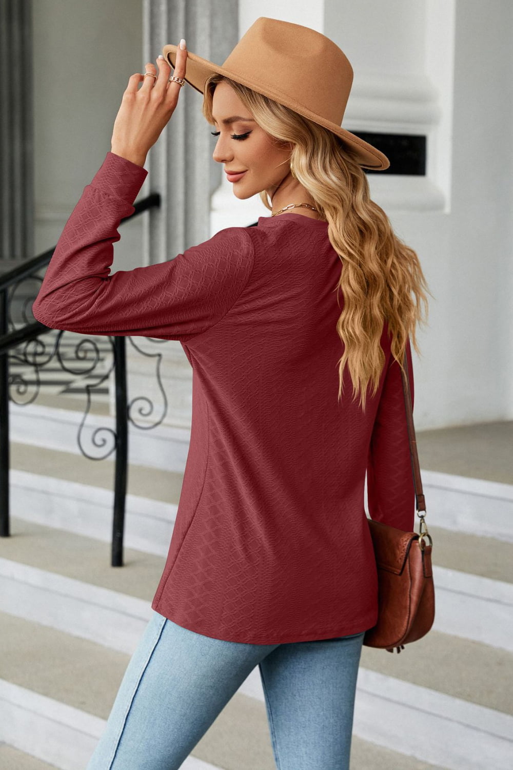 Notched Neck Long Sleeve Buttoned Blouse - Pahabu - Women's Clothing & Shop