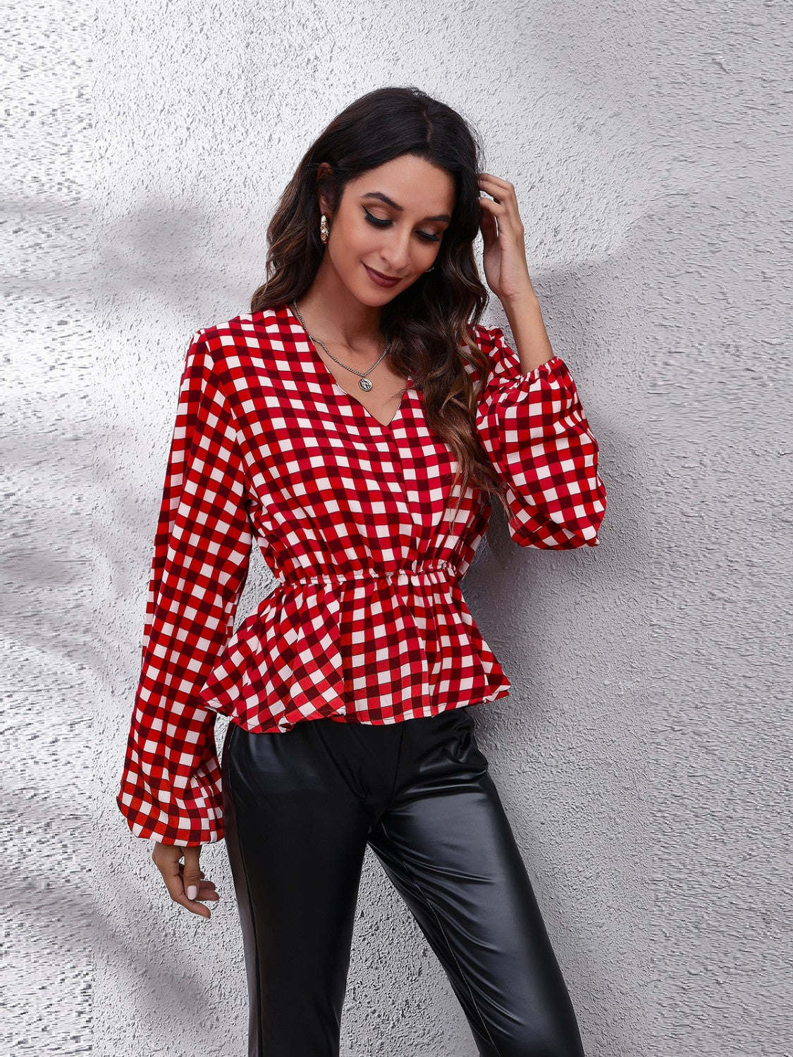 Plaid V-Neck Balloon Sleeve Peplum Blouse - Pahabu - Women's Clothing & Shop