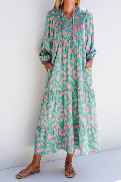 Smocked Printed Tie Neck Long Sleeve Dress - Pahabu - Women's Clothing & Shop