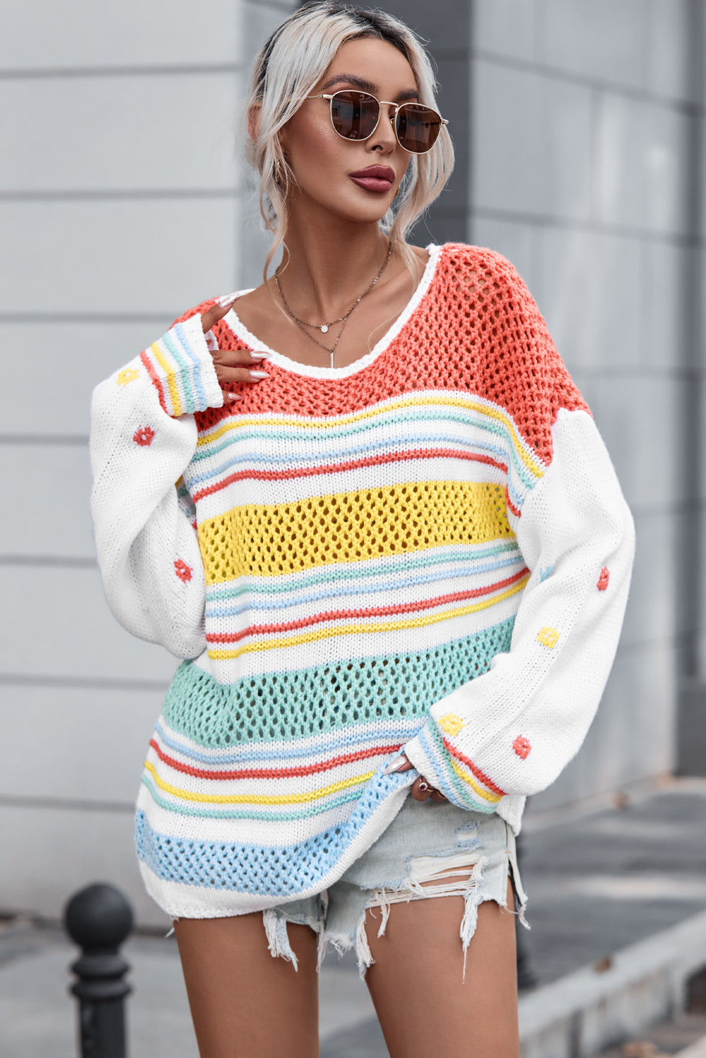 Openwork Striped Round Neck Long Sleeve Sweater - Pahabu - Women's Clothing & Shop