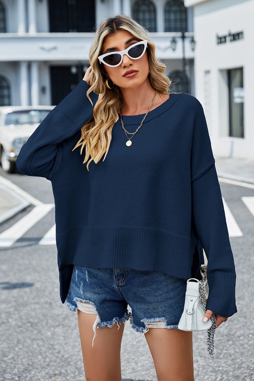 High-Low Slit Round Neck Long Sleeve Sweater - Pahabu - Women's Clothing & Shop