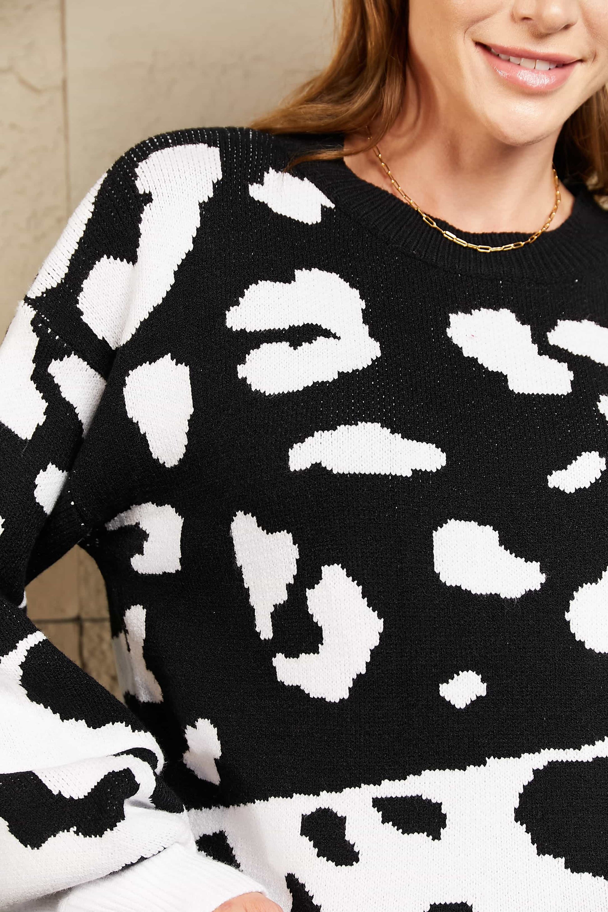 Woven Right Leopard Ribbed Trim Dropped Shoulder Sweater - Pahabu - Women's Clothing & Shop