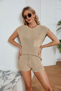 Round Neck Knit Top and Drawstring Shorts Set - Pahabu - Women's Clothing & Shop