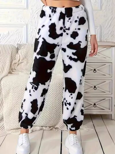 Fuzzy Cow Print Elastic Waist Pants - Pahabu - Women's Clothing & Shop