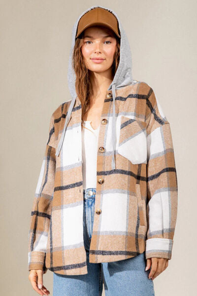 Drawstring Plaid Dropped Shoulder Hooded Shacket - Pahabu - Women's Clothing & Shop