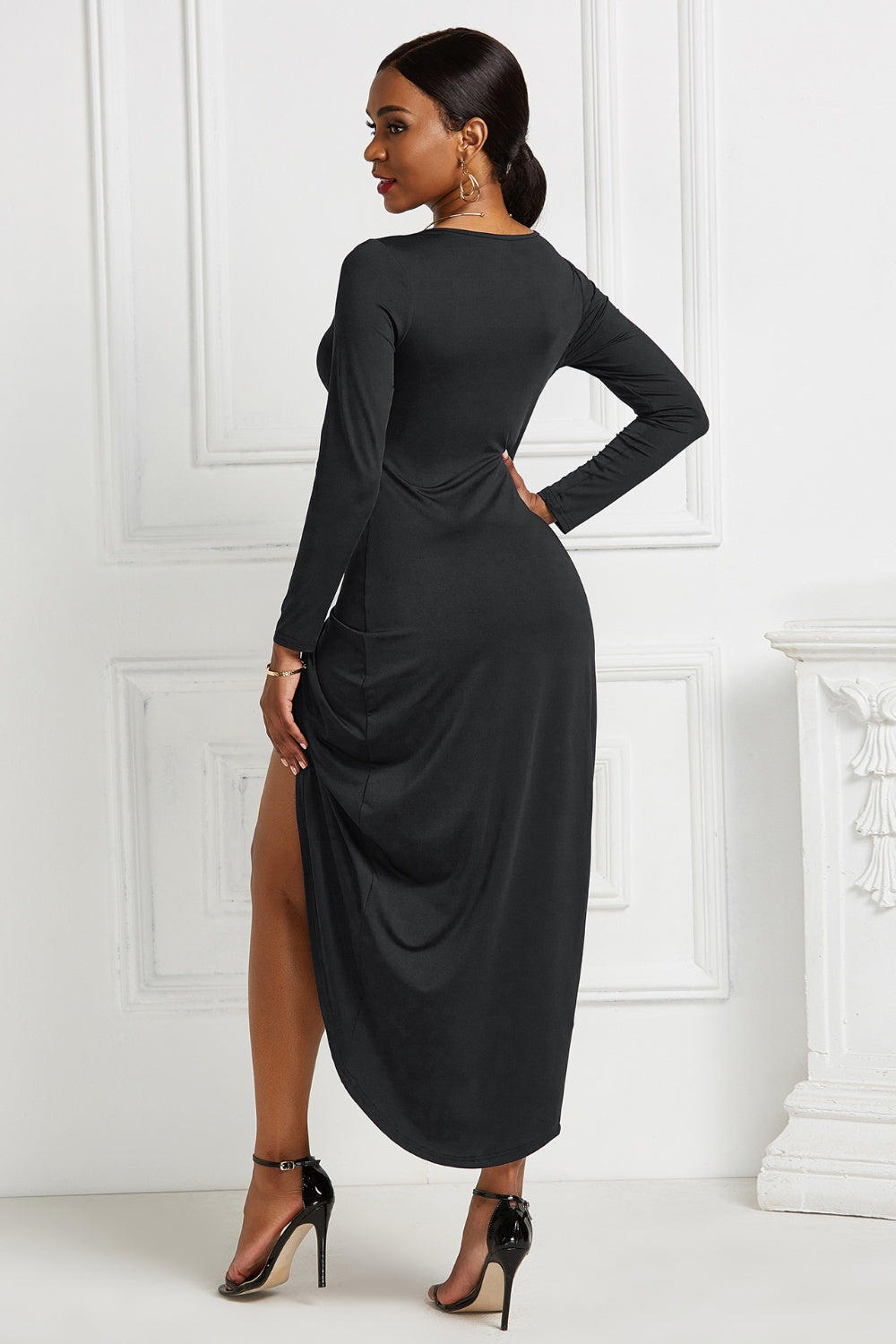 High-low Ruched Surplice Long Sleeve Dress - Pahabu - Women's Clothing & Shop