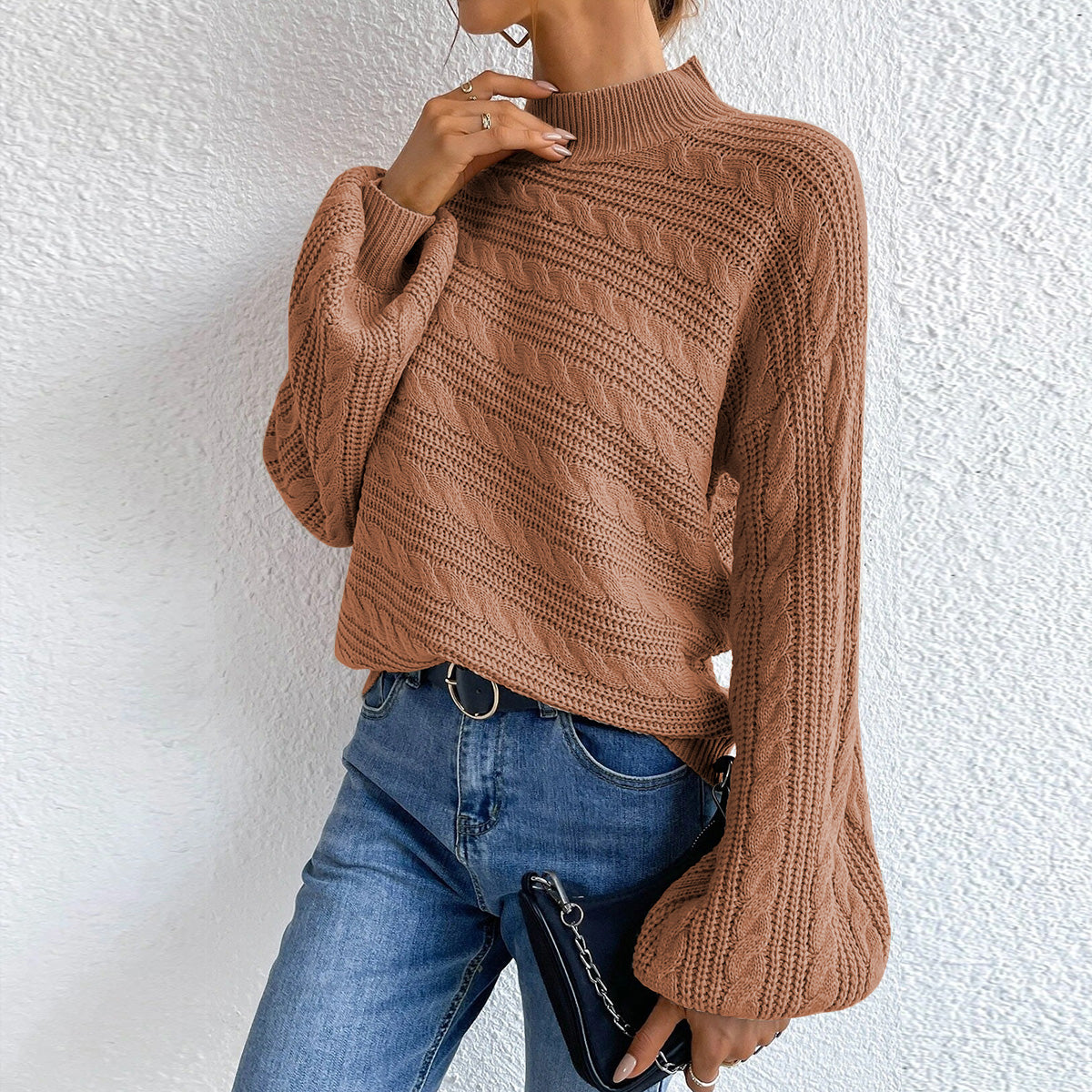 Cable-Knit Mock Neck Long Sleeve Sweater - Pahabu - Women's Clothing & Shop